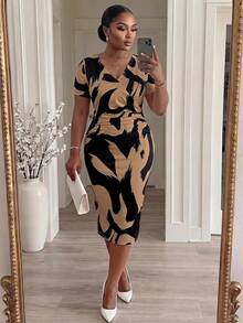 SHEIN Lady CURVE 大尺碼女款 V 領拼接色休閒派對夏季洋裝 - 棕色 - 查看 3