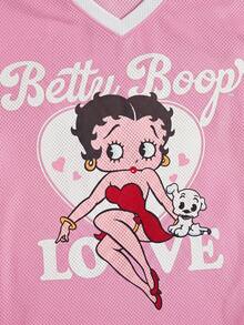 Betty Boop x SHEIN Plus Size Women's Letter Cartoon Print V-Neck Drop Shoulder Casual T-Shirt - Pink - View 3