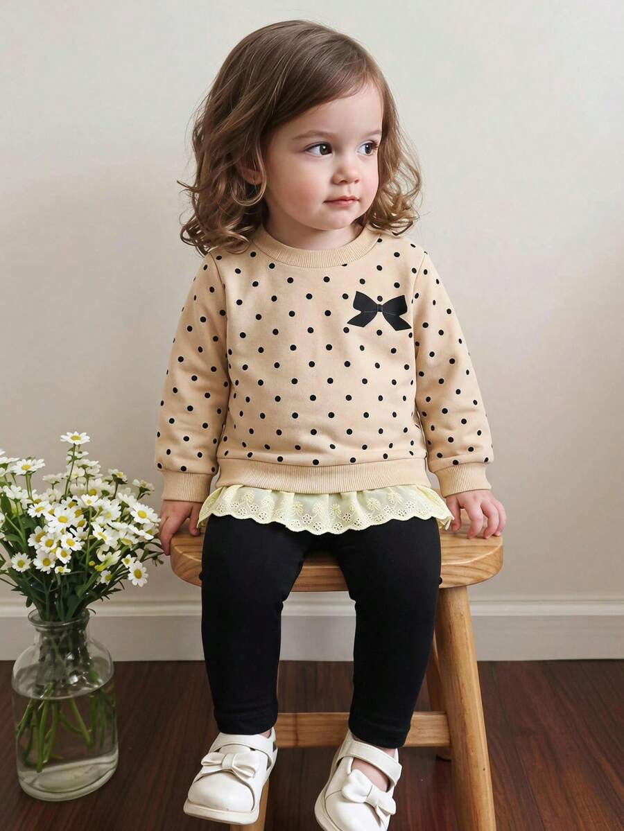 SHEIN Sweatshirt Bayi Perempuan Modis dengan Bordir dan Hiasan Renda di Bagian Bawah - Aprikot - View 1