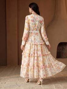 Anewsta New Fashion Romantic Ruffle Trim Patchwork V-Neck Puff Long Sleeve Vacation Holiday Outfit Long Women's Summer Dress - Apricot - View 6