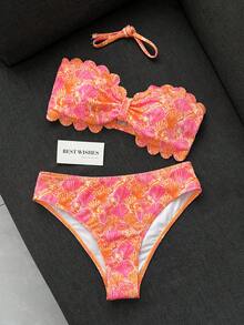 Swim Mod 女款夏季海灘極簡優雅浪漫休閒度假性感甜美可愛時尚泳衣套裝，百搭萬用橘粉貝殼印花，平口式可拆卸肩帶，鏤空設計，適用於海灘、度假村、SPA、音樂節、蜜月及休閒度假場合 - 彩色 - 查看 2