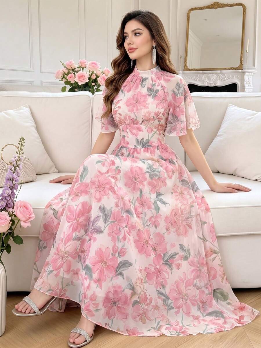 Modelyn 粉色雪紡花卉印花優雅夏季度假女款中長洋裝