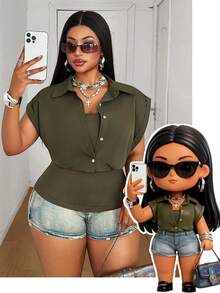 Maweii Women's Plus Size Casual 2-In-1 Dark Green Shirt With Inner Tank Top, Wooden Button Decor, Wide Design, Fashionable Versatile Plus Size Dark Green Shirt For Party, Night Date, Romantic Date, Vacation, Daily Wear, Slimming And Flattering, Versatile Plus Size Shirt - Army Green - View 8