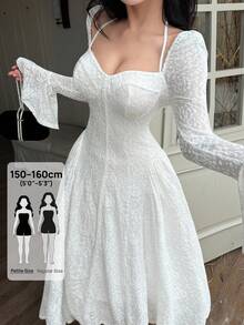 Feyla Petite Women's Elegant Solid Color Jacquard Long Dress - White - View 1