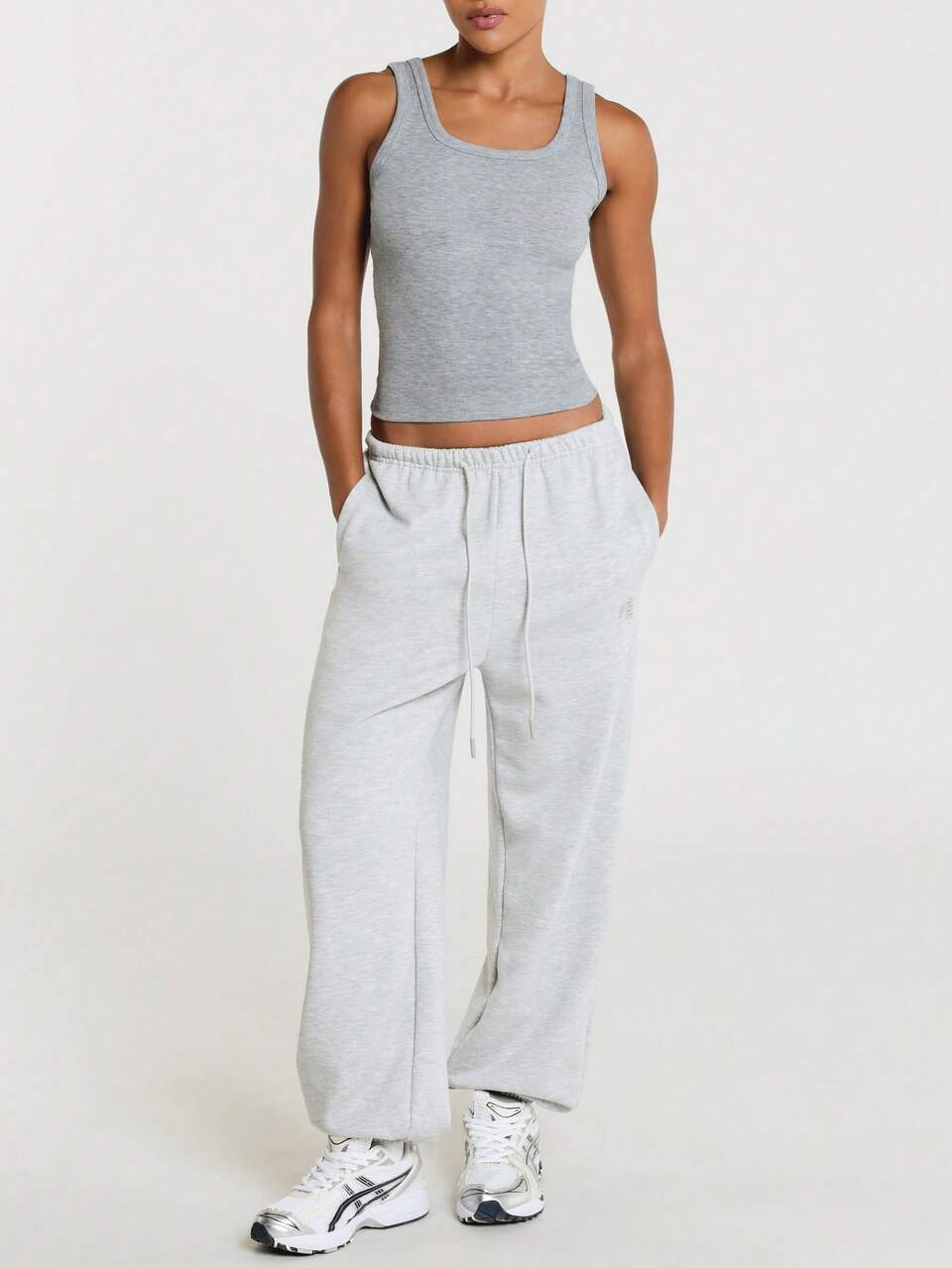 11SKNDS Ribbed Crop Tank Top With Scoop Neckline, Fitted Silhouette, Wide Straps, Heathered Texture, Casual Everyday Layering Essential For Spring Summer