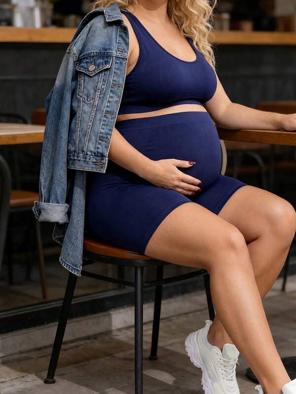 Plussiva Bộ đồ thể thao thường ngày cho bà bầu size lớn, áo và quần short màu trơn