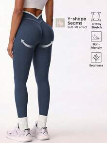 Solea Cove Solea Cove 1件女款深綠色針織無縫舒適彈性咖啡色後V腰緊身褲 - 藍色 - 查看 3