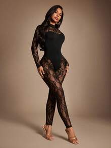 Radiana Sexy einzigartiger transparenter Mesh-Patchwork-Jumpsuit, Spitzen-Patchwork-Jumpsuit, schwarzer enger Jumpsuit, hoch-elastischer Strick-Jumpsuit, geeignet für Alltag, Nacht, Nachtclub, Club, Bar, Nachtclub, Festival, Party, Karneval, Musikfestival, Konzert, Halloween - Schwarz - Übersicht 9