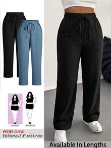 SHEIN PETITE CURVE Setelan 2 Potong Gaya Prancis Ukuran Besar, Celana Linen Kasual dengan Pinggang Elastis, Nyaman dan Serbaguna, Cocok untuk Pakaian Sehari-hari, Liburan, dan Perjalanan Musim Gugur - MultiWarna - View 1