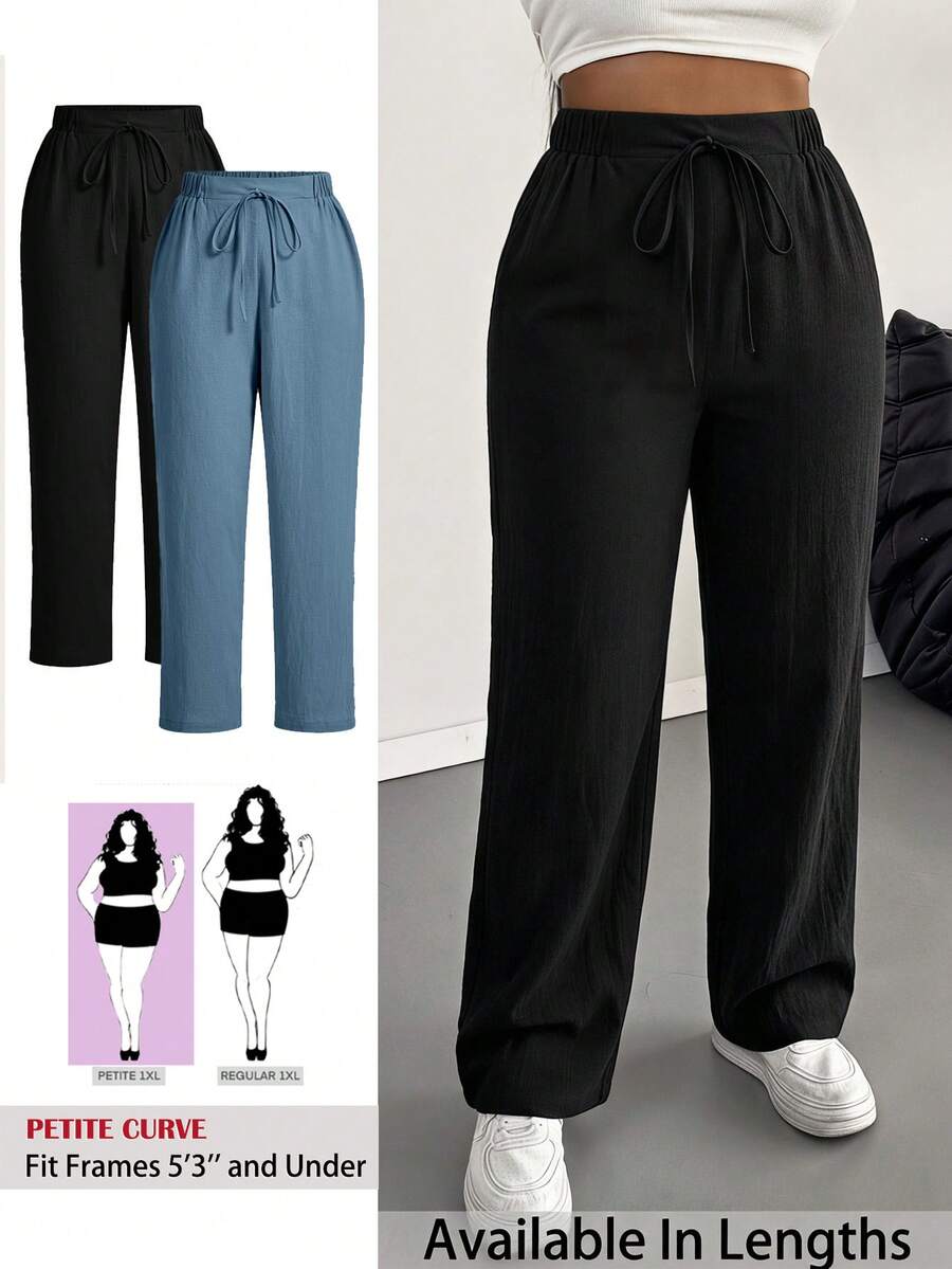 SHEIN PETITE CURVE Setelan 2 Potong Gaya Prancis Ukuran Besar, Celana Linen Kasual dengan Pinggang Elastis, Nyaman dan Serbaguna, Cocok untuk Pakaian Sehari-hari, Liburan, dan Perjalanan Musim Gugur - MultiWarna - View 1