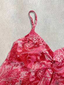 IslaSuriya Atasan Camisole Wanita Berlipit dengan Motif Cetak Seluruh Permukaan, Kasual, Serbaguna untuk Pemakaian Sehari-hari - Hot Pink - View 3