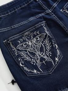 ROMWE Dark Gothic Forest Moth Embroidered Pocket Pattern Drawstring Design Plus Size Mini Super Short Denim Shorts - Blue - View 5