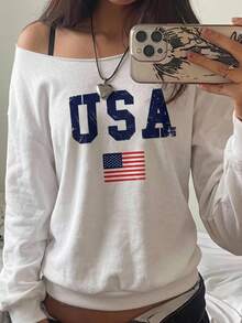 SHEIN Leap Crew Teen Girl Teen Girls Sweatshirts Autumn/Winter New Slogan Print Off-Shoulder Casual College Style Long Sleeve Pullover, Long Sleeve Top, Graduation Season, Back To School - White - View 9