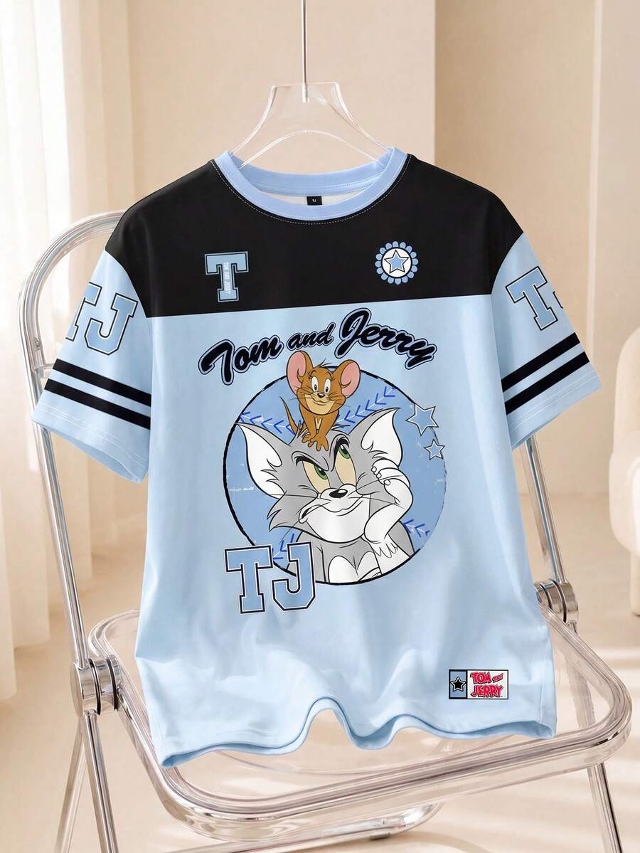 TOM & JERRY X SHEIN 女士撞色字母卡通图案圆领短袖T恤 - 白色 - 查看 1