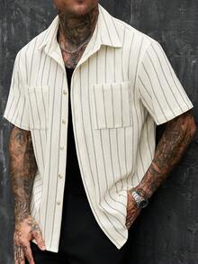 SLATEMANN 男士條紋單排扣休閒口袋短袖襯衫 - 杏色 - 查看 4