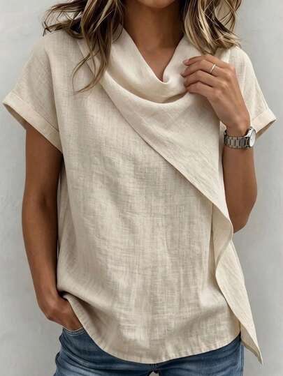 SHEIN 2026 New Summer Women's Cowl Neck Ruched Short Sleeve Cover Up, Asymmetric Diagonal Wrap Design, Elegant Casual Loose Batwing Sleeve, Chiffon Shirt