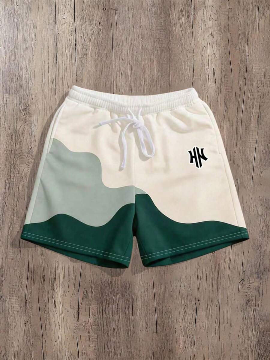 Manfinity Joysei Loose Fit Men's Color Block Print Sports Shorts, Suitable For Summer Wear - Green - View 1