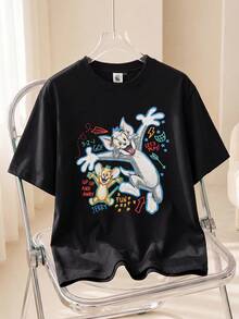 TOM & JERRY X SHEIN 男士休闲字母和卡通图案圆领短袖T恤，夏季 - 黑色 - 查看 1