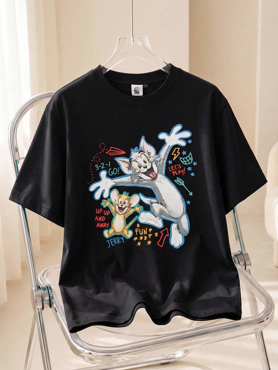 TOM & JERRY X SHEIN 男士休闲字母和卡通图案圆领短袖T恤,夏季 - 黑色 - 查看 1