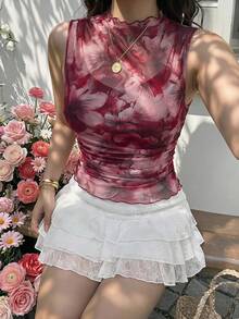SHEIN MOD 大码复古印花高领修身上衣，玫瑰红，浪漫 - 玫瑰紅 - 查看 7