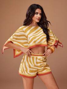 Glamance Animal Print Zebra Print Shawl Top And Elastic Waist Shorts Vacation Beach Outfit Night Out - Khaki - View 4