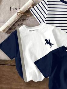 小男孩 T-Shirt 3件組，適合春夏，經典復古酷色塊拼接圖案印花、經典條紋圖案印花、精緻騎士小馬 Logo 圖案印花，開學季完美選擇 - 彩色 - 查看 6