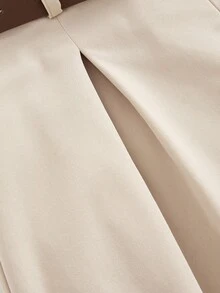 Girlism 兒童青少年女款春秋新款優雅基礎梭織卡其色寬腿西裝長褲，彈性後腰鬆寬腿休閒褲，返校季，腰帶另售 - 杏色 - 查看 4