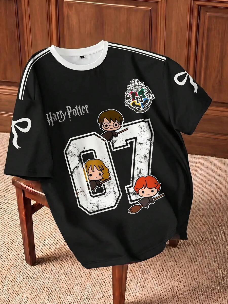 HARRY POTTER X SHEIN 女式休闲字母和卡通图案圆领短袖T恤,夏季 - 白色 - 查看 1