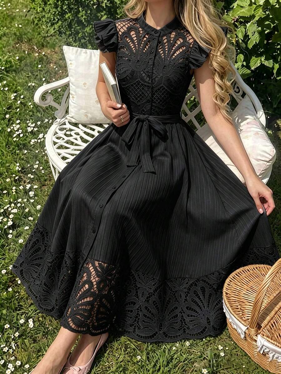 Modelyn Vestido rojo burdeos sólido para uso diario de mujer con cinturón - Negro - Ver 1