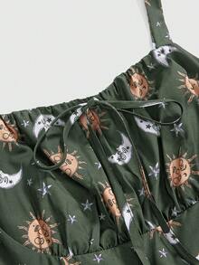 ROMWE Hippie Fairycore Vintage Mori Style Sun Moon Star Print Plus Size Black Dress, Women's Long Dress - Green - View 3
