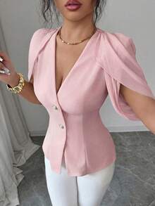 SHEIN Elenzya Women's Elegant Romantic Tailored Blazer With V-Neck, Pleated And Cinched Waist - Dusty Pink - View 1