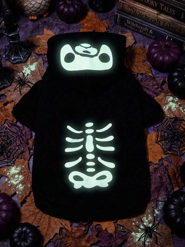 PETSIN 1pc Reflective Bone Print Adorable Pet Cat Dog Hoodie For Halloween
