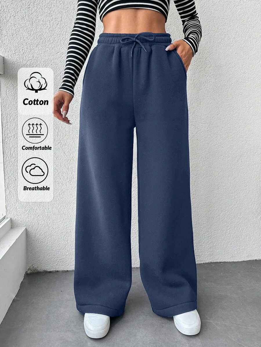 SHEIN Cottnline 女士休闲纯色抽绳腰直筒运动裤，秋冬 - 藍色 - 查看 1