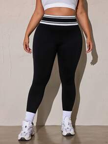 SHEIN Rhythm Era Women's Plus Size Colorblock High-Waist Casual Versatile Daily Wear Tight Leggings - Black - View 2