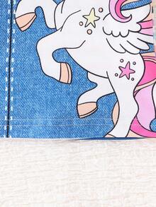 SHEIN Playful Pals 女宝宝夏季卡通独角兽印花条纹圆领短袖休闲二合一T恤连衣裙 - 紫色 - 查看 7
