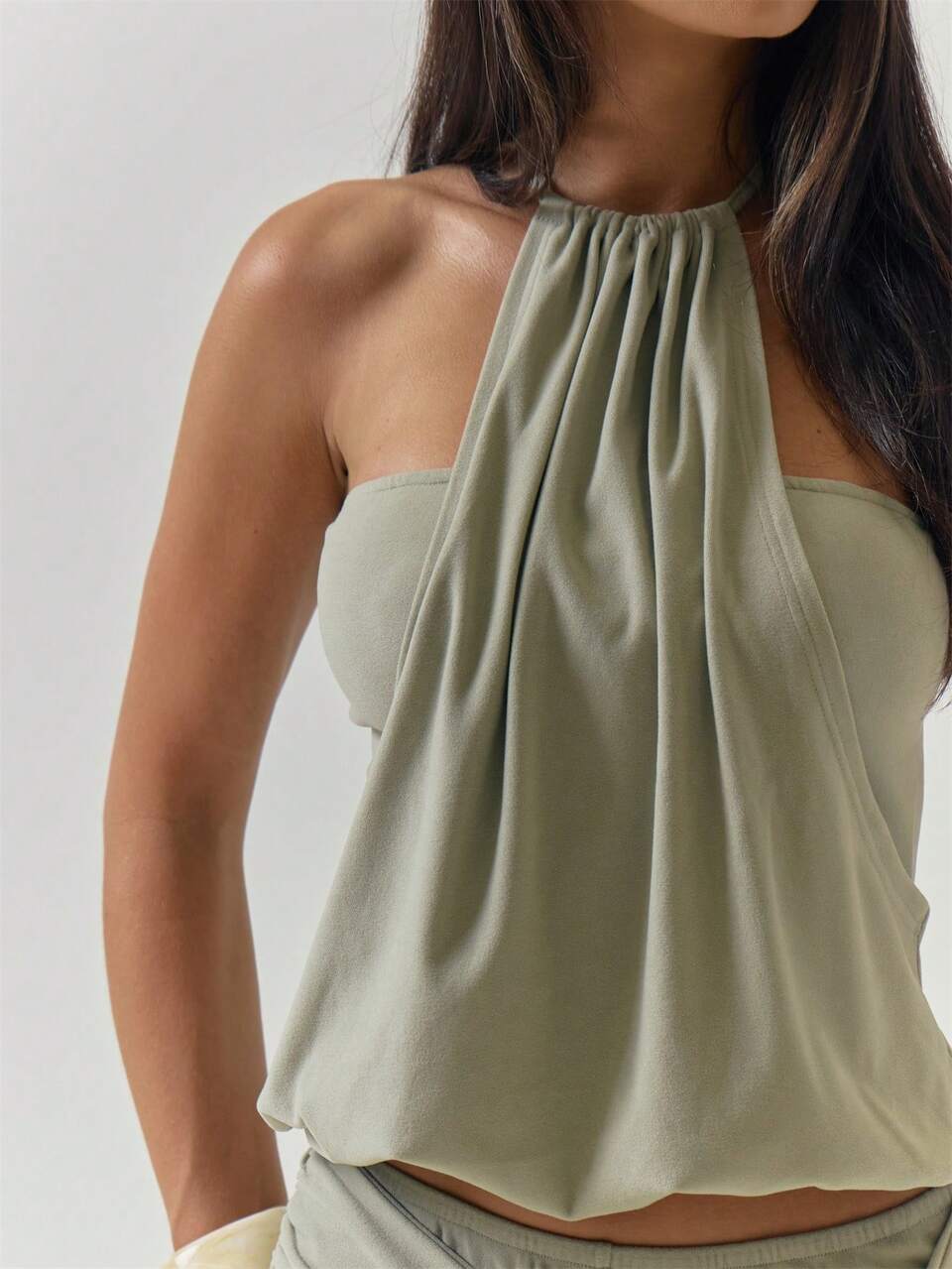 Grünes Baumwolle Doppel-Schicht Bandeau Unterlage Detail Neckholder Top Lässig Party Winter Grünes Top für Frauen