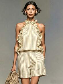 SHEIN Franclia 藍白直條紋掛脖無袖兩件套，荷葉邊收腰上衣 + 高腰寬腿短褲套裝 - 黃色 - 查看 4