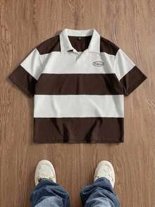 SWAVVY 男士夏季休閒標準尺寸短袖 Polo 衫 藍色與白色拼接刺繡 - 棕色 - 查看 1