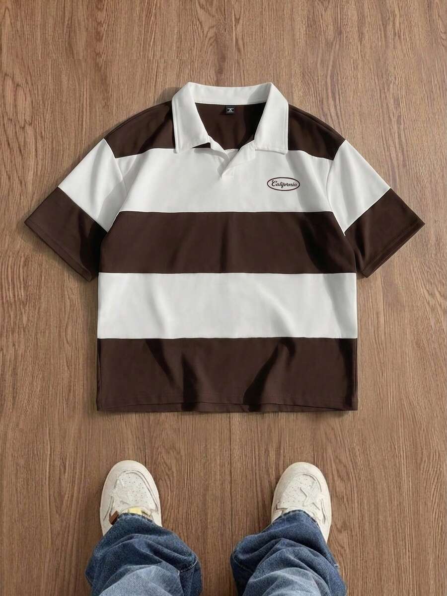 SWAVVY 男士夏季休閒標準尺寸短袖 Polo 衫 藍色與白色拼接刺繡 - 棕色 - 查看 1