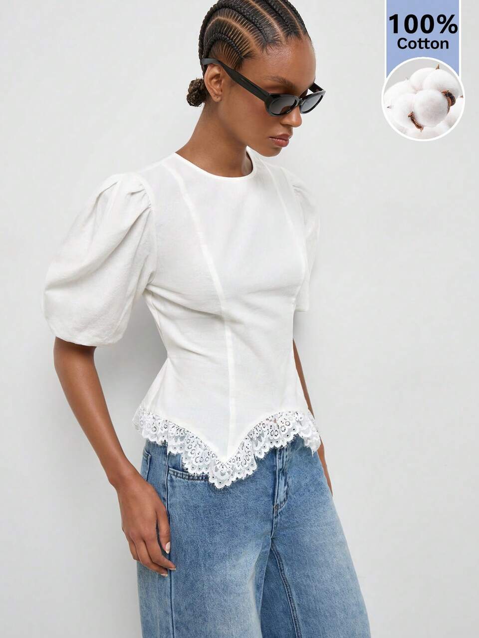 SHEIN Maija Women's  Elegant Solid Color Petal Sleeve Lace Patchwork Blouse,Going Out Outfits, Work Outfits For Women,Fall Clothes