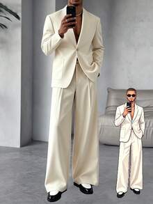 Manfinity Homme Men's Apricot Casual Formal Suit Jacket And Pants Set, Minimalist Solid Color Versatile For Work And Daily Wear, Ceremony - Apricot - View 1