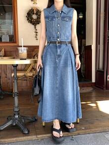SHEIN 2Pcs Teen Girl Y2k Blue Denim Sleeveless Jacket And Loose-Fitting Comfortable Skirt For Dailywear - Blue - View 8