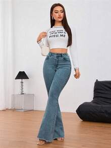 SHEIN Tall 純色口袋鈕扣拉鍊寬腿牛仔褲，適合日常穿著，適合高個女性 - 深色水洗藍 - 查看 8
