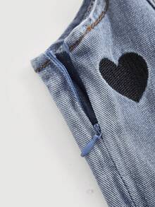 SHEIN 女童小女孩 Y2K 風格可愛愛心刺繡藍色牛仔寬鬆大廓形牛仔褲，秋季女童返校服裝，幼兒園校園穿搭 - 淺色水洗藍 - 查看 6