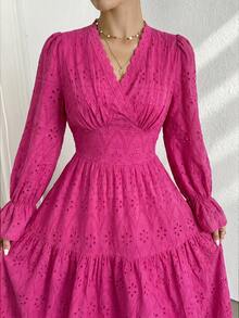 Modelyn Women's Elegant V-Neck Ruffled Sleeve Embroidered Vacation Dress Fall Cloth For Women - Hot Pink - View 5