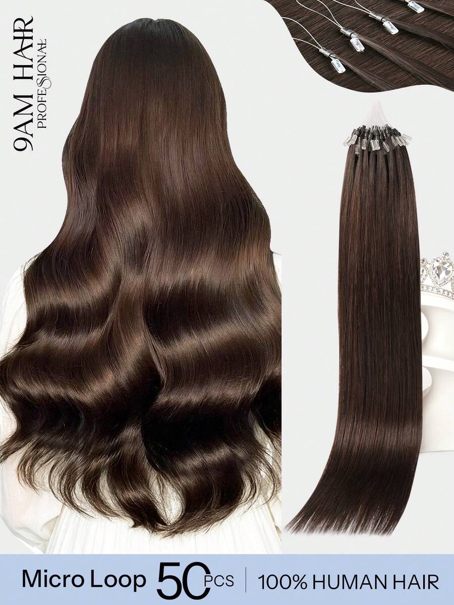 Micro Loop Human Hair Extensions Premium Virgin Remy Hair 2# Dark Brown Reusable Invisible Micro Link Bead Hair No Glue No Tape Design 50Pcs 14-22 Inch Anti Shedding Soft Texture Ideal For Full Head Makeover Holiday& Hairstyle For Girls & Women - S2 - View 1