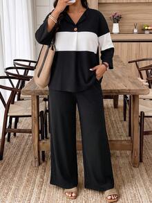 Weeklong Plus Size Women's Autumn/Winter Colorblock Ribbed Knit Casual Set - Black and White - View 3