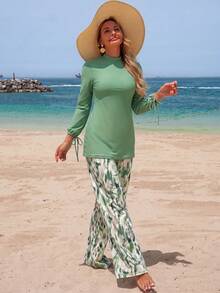 Swim Mulvari 26SS Spring/Summer Vacation Elegant Modest Conservative Sage Green White Swimsuit Burkini 2 Pieces Set Beach - Multicolor - View 4