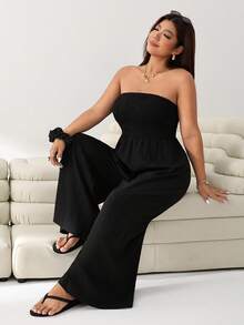 SHEIN PETITE CURVE Plus Size Women's Solid Color Backless Wide Leg Jumpsuit Fall Women - Black - View 7