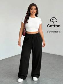 SHEIN PETITE CURVE 大尺碼舒適休閒純色針織寬腿女款運動長褲 - 黑色 - 查看 4